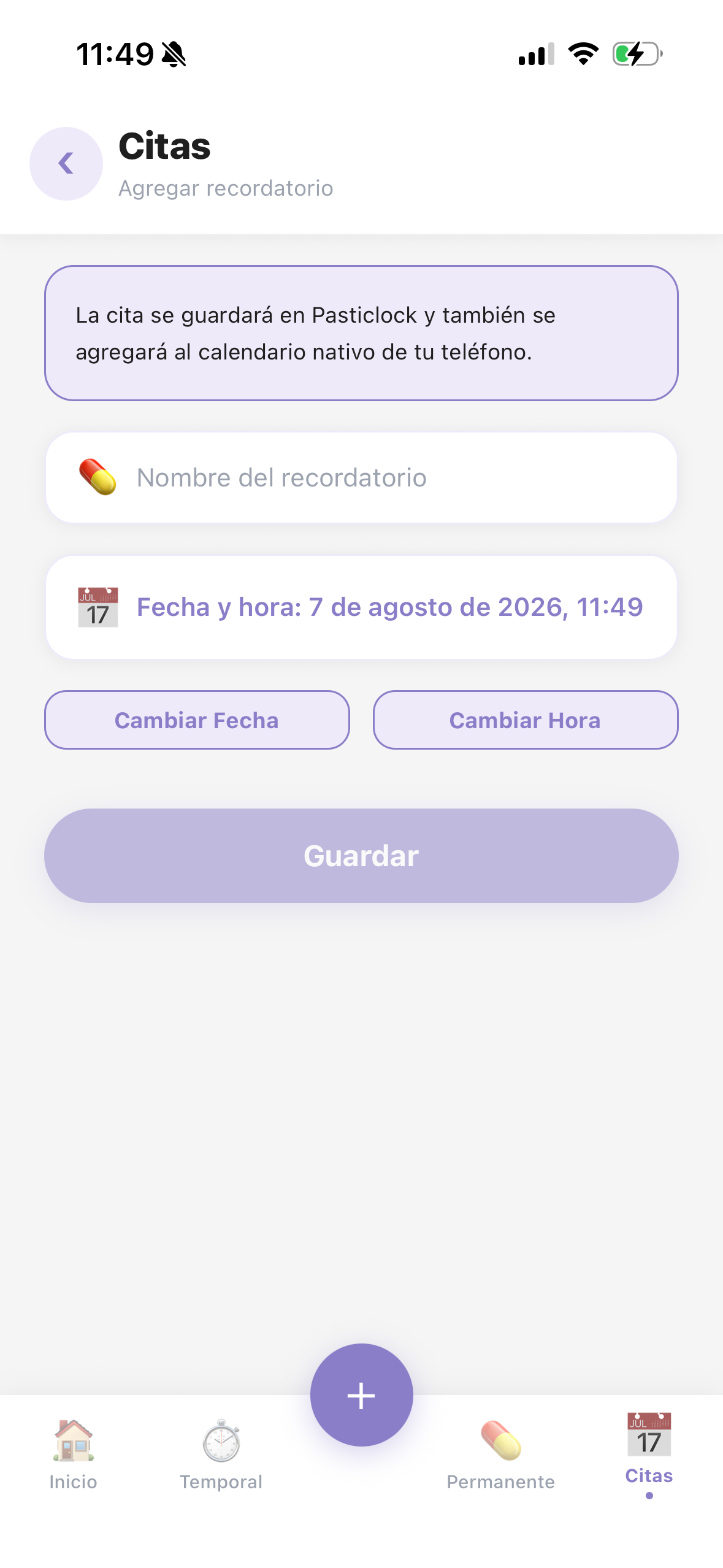 Formulario para agregar una cita en Pasticlock