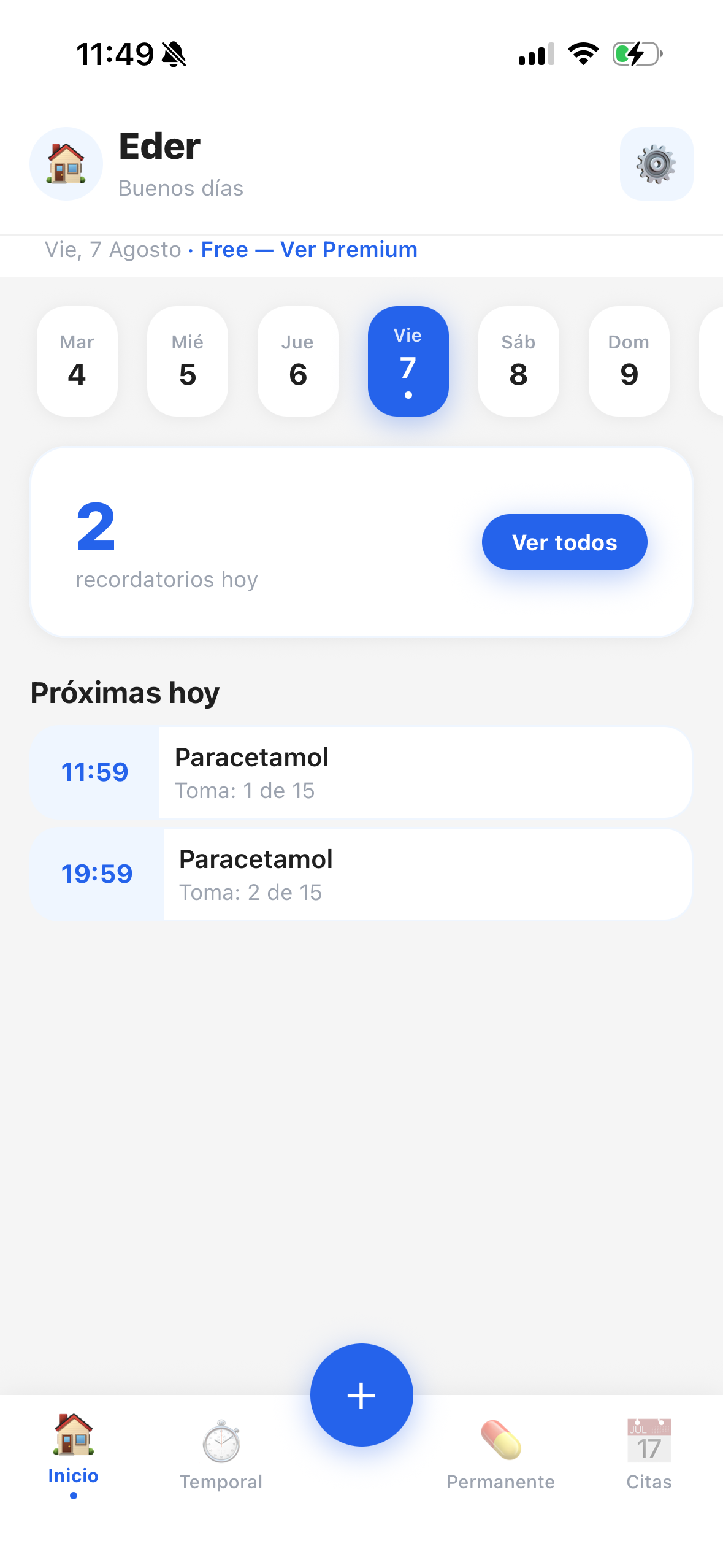 Pantalla de inicio de Pasticlock con recordatorios del día