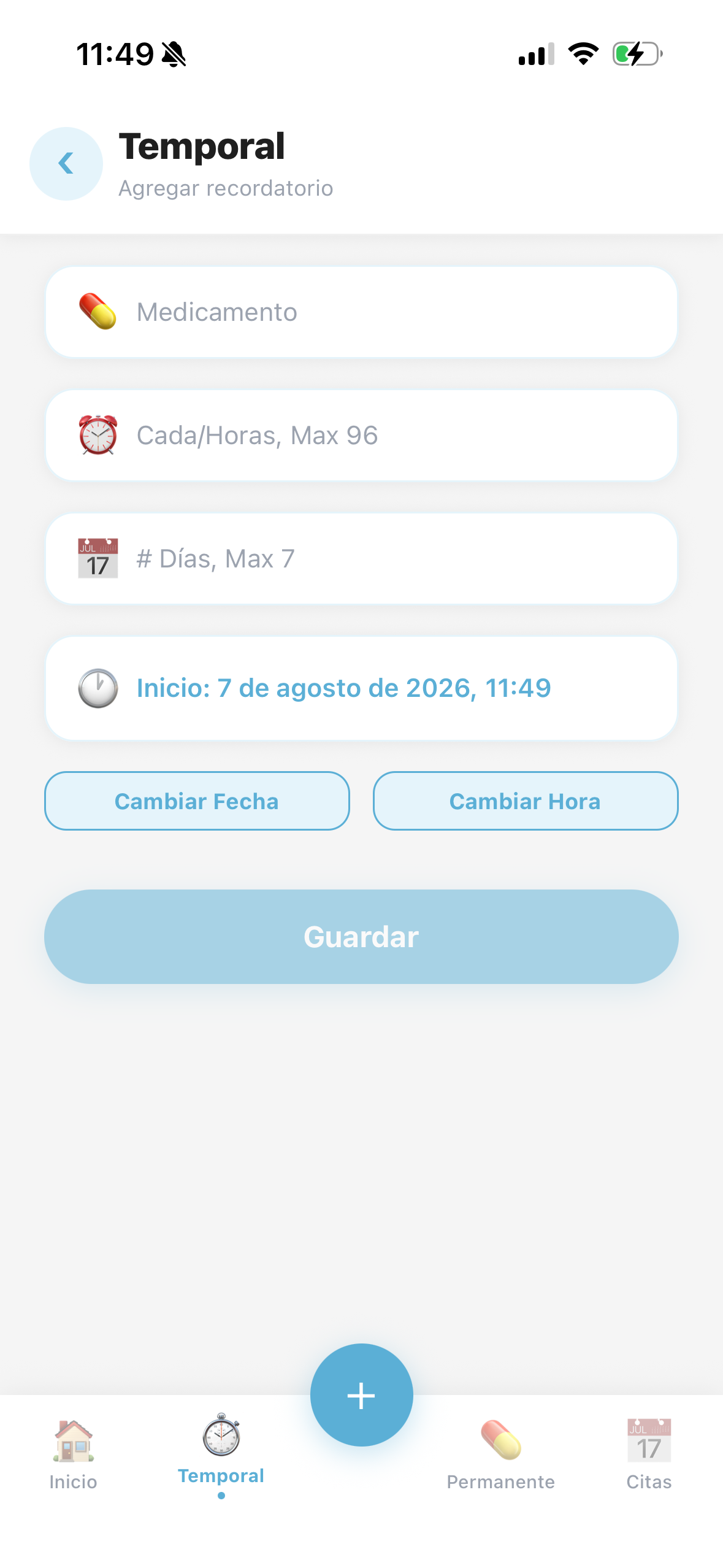 Formulario para agregar un recordatorio temporal en Pasticlock